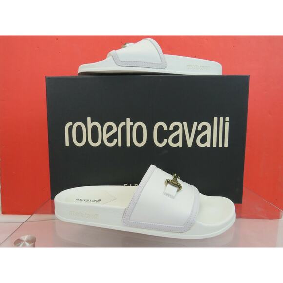 ROBERTO CAVALLI WHITE LEATHER SUEDE ANTIQUE SILVER LOGO SANDAL SLIDES 42/9 ITALY main image 2